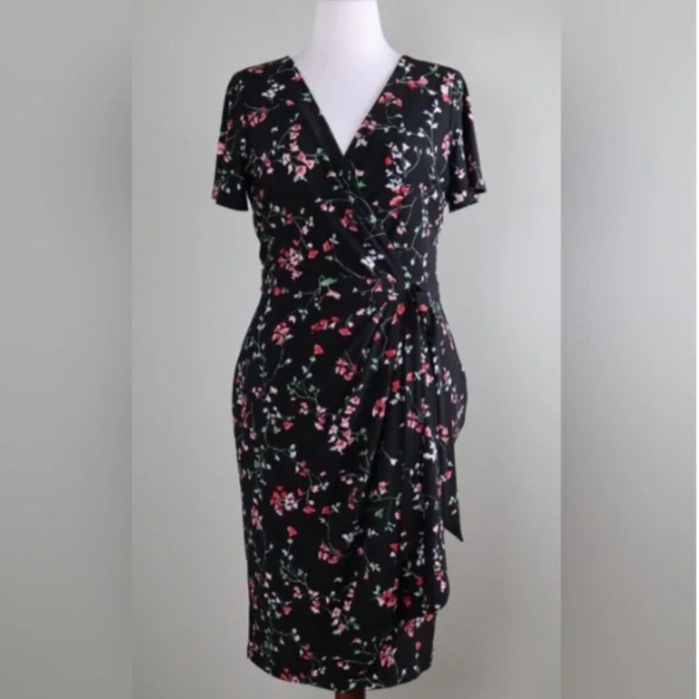 Lauren Ralph Lauren Midi Dress Black Red Floral Faux Wrap Work Office Size 6